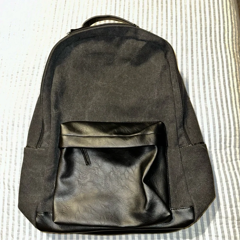 PX Collective Black Canvas and Faux Leather Laptop Backpack Rucksack Mens Womens